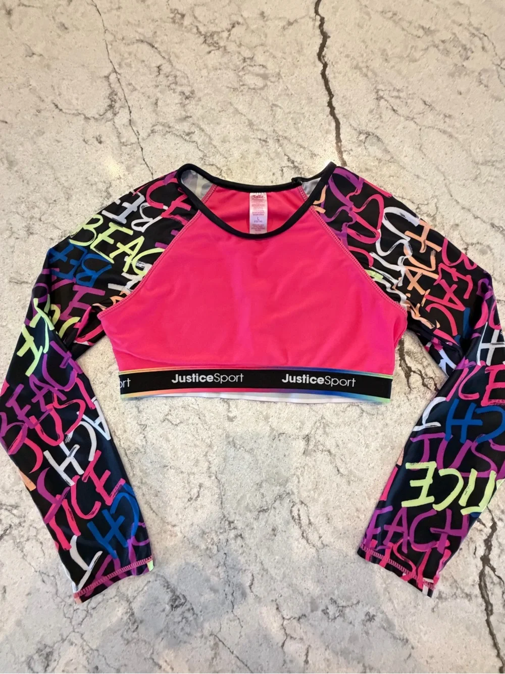 Justice Sport Girls Long Sleeve Cropped Swim Rash Guard / Active Top L